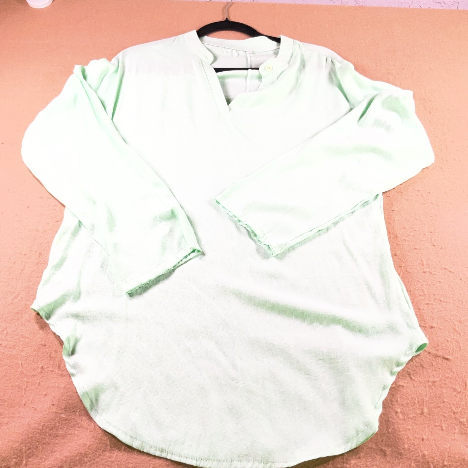 Unbranded Mint Green Cotton Blend Split Neck Tunic Top Long Sleeve Large